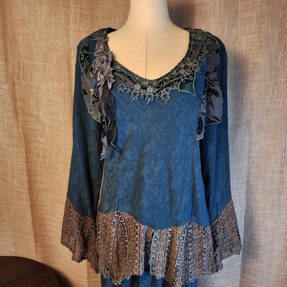 Vintage My Michelle M Blue Floral Lace Boho Top Skirt Set Romantic Witchy
